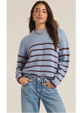 Evereve Z Supply Boyfriend Striped Chunky Knit Pullover Sweater Blue Medium